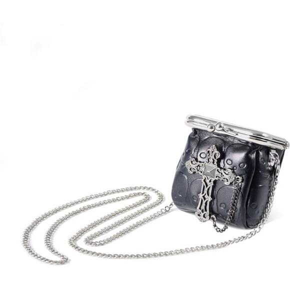 Mini Purse Gothic Crossbody Bag Tiny Chain Leather Coin Wallet for Women Black - Picture 8 of 8